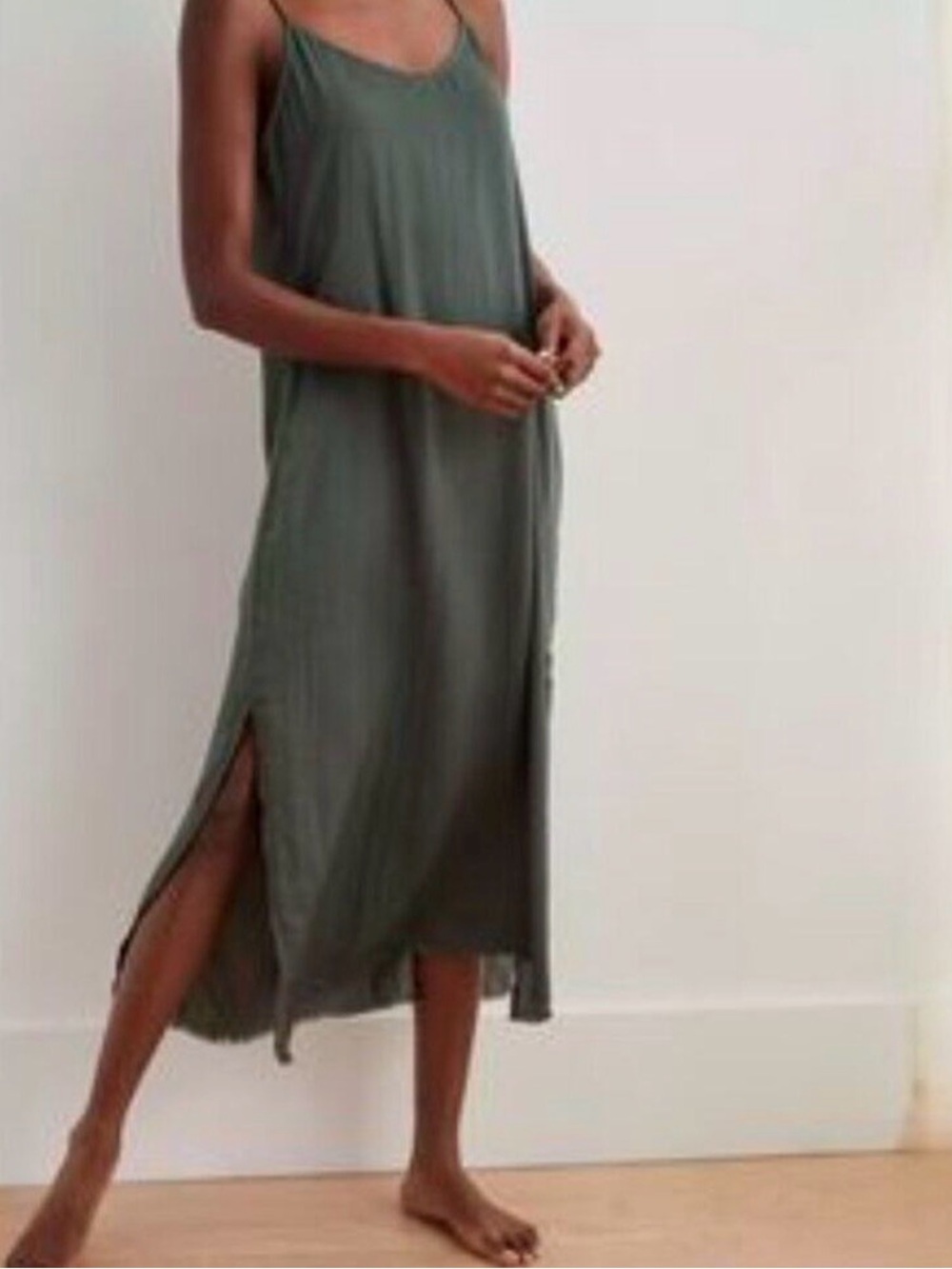 aerie Olive Green Midi Slip Dress with Side Slits